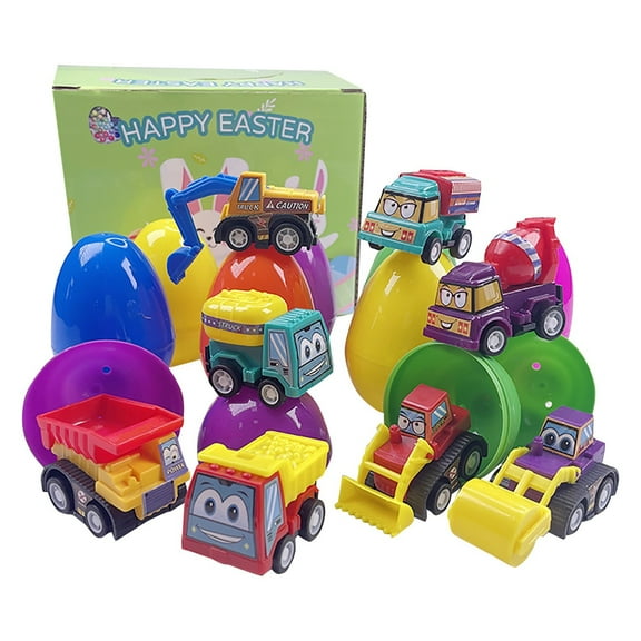 Easter Decorations for Home bunny easter Easter Eggs with Mini Pull Back Construction Trucks Set of 8 Vehicles and Reusable Surprise Egg Shells for Kids