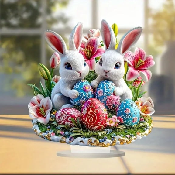 Easter Decorations for Home bunny easter Easter rabbit ornament with floral egg pattern decorative bunny figurine tabletop standing ornament for home office shelf