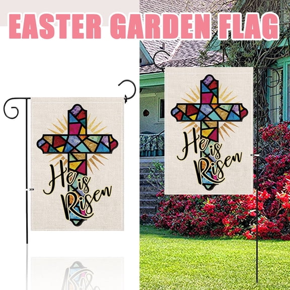 Easter Decorations for Home bunny easter He Is Risen Christian Cross Garden Flag Double Sided Burlap Yard Banner Outdoor Decorative Seasonal House Flag for Easter Lawn Porch