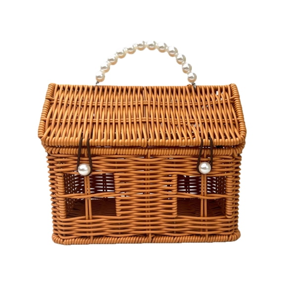 Easter Decorations - House Shaped Basket Rattan | Garden Harvest Easter Basket with Lid & Handle | Button Closure Wicker Woven Sundries Baskets for Organizing, Storage, Travel, Picnic(Pearl handle)