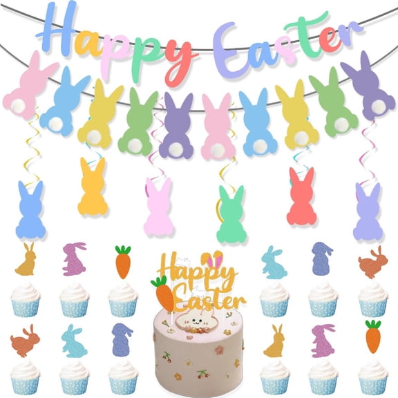 Easter Decorations Indoor Easter Décor, Easter Balloons, Happy Easter Banner, Egg Bunny Cup cake Topper for Home Office School Classroom Easter‘s Day Themed Party Decorations,A