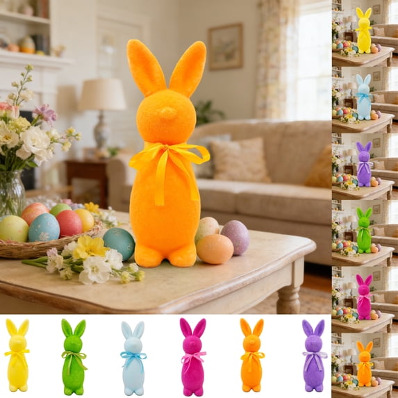 Easter Decorations Indoors Bunny Themed Flocked Bow Standing Easter Bunny Decor Figurine Easter Party Supplies