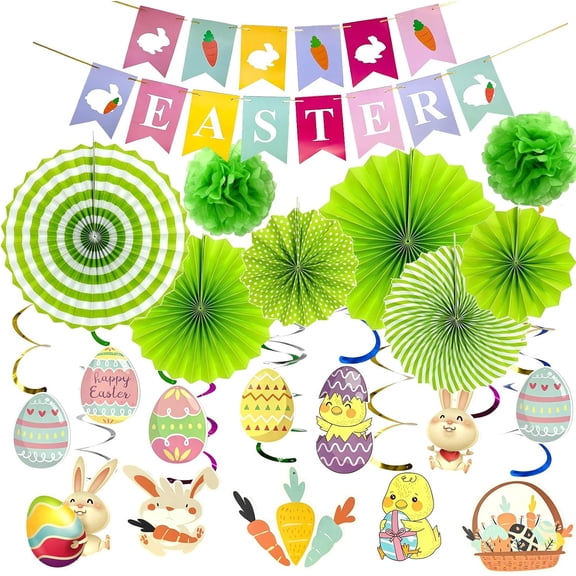 Easter Decorations Kit for Home Party, Happy Easter Hanging Decorations with Banner, Paper Fans, Tissue Pom Poms and Hanging Swirls Bunny Egg Chick Carrot Spring Party Decor for Classroom Office