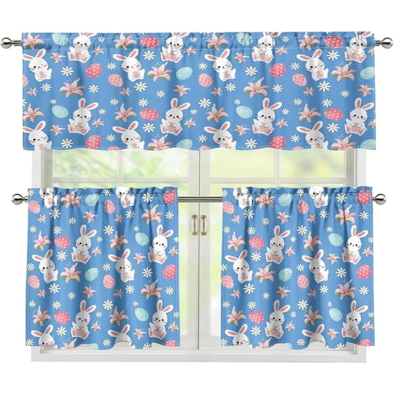 Easter Decorations Kitchen Curtains 36 Inch Length Sets 3 Piece, Rod Pocket Kitchen Curtain Valance and Tiers Set Easter Bunny Easter Eggs Thermal Drape Window Treatment