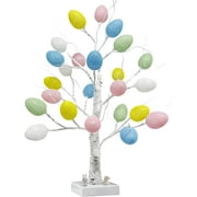 Easter Decorations, Lighted Easter Egg Tree Tabletop 21-inch Artificial Birch Tree Lights Include 24 Pieces Egg Ornament for Spring Holiday Tabletop Decor