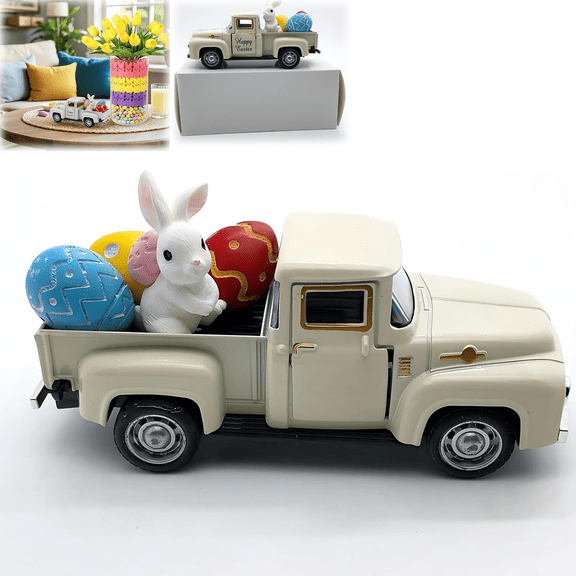 Easter Decorations - Mini Farmhouse Vintage Resin Truck Tiered Tray Decor with Easter Eggs Bunny, Spring Farm-Style Pickup Decor for Table Tiered Tray Home Kitchen Office(wwx)