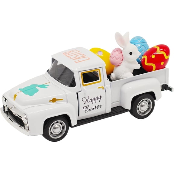 Easter Decorations - Mini White Metal Truck with Easter Eggs & Bunny, Easter Tiered Tray Decor for Table, Easter Village Houses, Spring Farm-Style Pickup Truck for Home Kitchen Office Keepsake Gifts