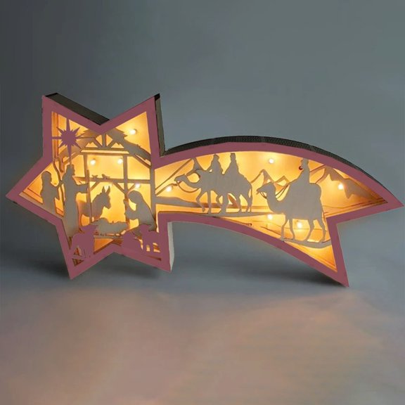 Easter Decorations - Nativity Set, Wooden Star Shaped Nativity Scene LED Light, 3D Easter Decor, Indoor Festive Ornament, Winter Decoration Centerpiece for Table Tiered Tray Fireplace Mantel(A)