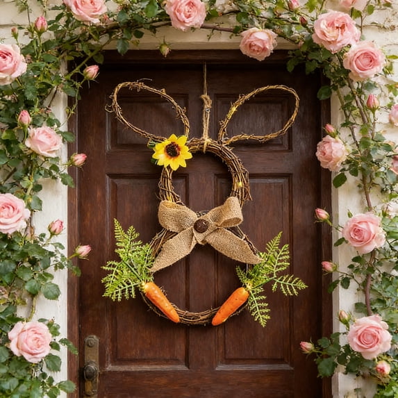 Easter Decorations​ Natural Rattan Rabbit Wreath with Brown Cloth Bow Carrot Sunflower Decorative Wreaths, Easter Decorations for Door Wall