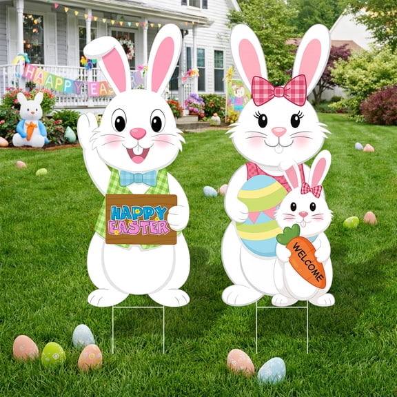YIBAGA Easter Outdoor Decor, Easter Large Bunny Yard Signs w/ Metal Stakes 2Pcs, 32in Happy Easter Sign for Yard Lawn Garden Party Decor