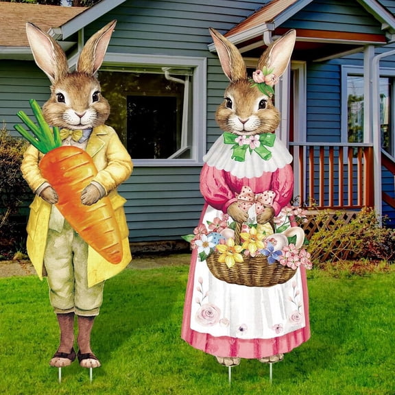 Easter Decorations Outdoor Yard Signs, 2 Pcs Rustic Farmhouse Easter Bunny Couple Yard Sign with Carrot & Easter Basket, Metal Stake Easter Decor for Outdoor, Lawn, Garden, Yard, Spring Home Decor