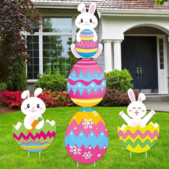 Easter Decorations Outdoor Yard Signs, 3 Pcs Easter Bunny Stacked Egg Welcome Sign, Happy Easter Decor for Pathway, Lawn, Garden, Yard, Spring Home Decor, Easter Egg Hunt Outdoor Decorations