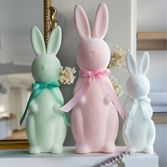 Easter Decorations - Pastel Flocked Bow-Tied Bunny Set (10", 13", 16") - Spring Table Centerpieces for Indoor Decor - Easter Bunny Figurines Decoration for Home Party Office(White)