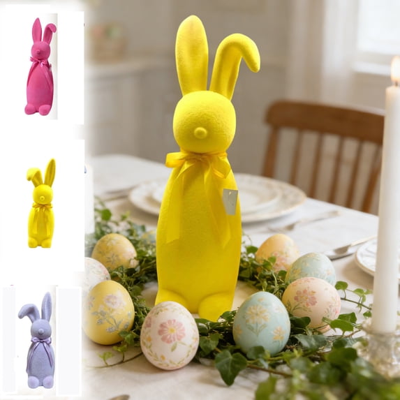 Easter Decorations - Pastel Flocked Bow-Tied Bunny - Spring Table Centerpieces for Indoor Decor - Easter Bunny Figurines Decoration for Home Party Office (Purple)