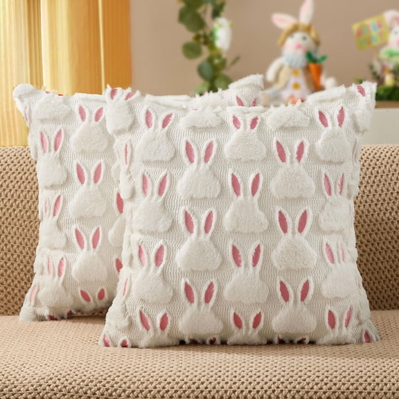 Easter Decorations Pillow Covers 18x18 Inch Set of 2, Pink Bunny Ears White Rabbit Soft Plush Faux Fur Jacquard Throw Pillow Covers for Sofa Bedroom, Holiday Home Decor Easter Gifts(Pink-A,2pc)