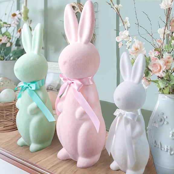 Easter Decorations - Pink Flocked Easter Bunny Decor - Spring Tables Decoration Centerpieces Indoor - Easter Decorating Bunnies for Home Party