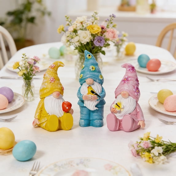 Easter Decorations Pink Purple Hat Gnomes Butterfly Bird Flower Ornaments Rustic Tabletop Display, Spring Easter Decorations for Home Table