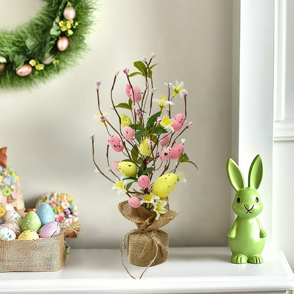 Easter Decorations, Pre-Lit Easter Egg Tabletop Decor with Delicate Ornaments, for Home Party Wedding Holiday Spring Summer Decoration, Green/Pink/Blue