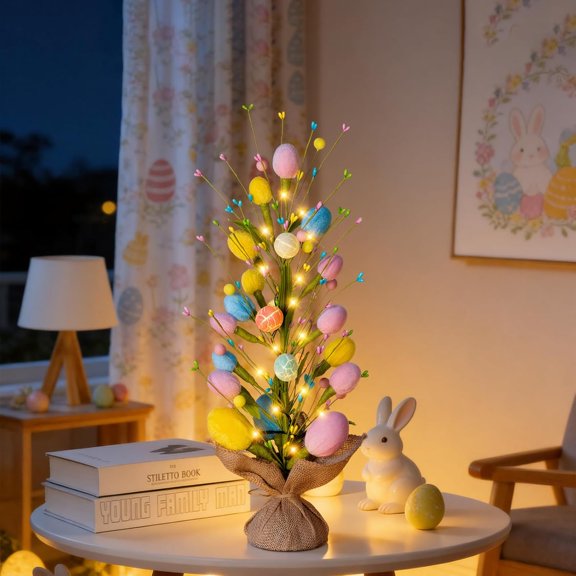 Easter Decorations Pre-Lit Easter Egg Tree with Timer Battery Operated,18inch Lighted Easter Tree Tabletop Decor with Eggs,LED Lights,Artificial Trees for Home Party Mantel Indoor Bedroom Spring