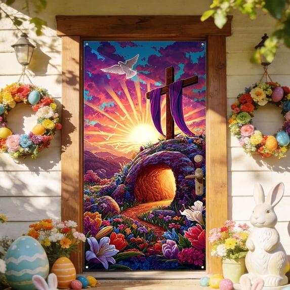Easter Decorations Religious Theme Resurrection Scene Door Closure Purple Draped Cross Flying Dove decor for Front Door Christian Holiday Display