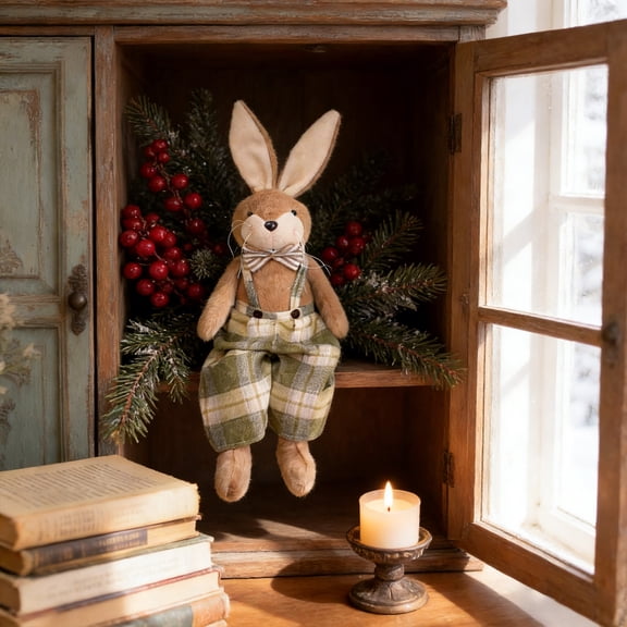 Easter Decorations Rustic Country-Style Bunny Plush Figurine Set with Plaid Outfits & Carrot Accents Cute Stuffed Rabbit Dolls for Shelf Decor Home Display Easter Gifts