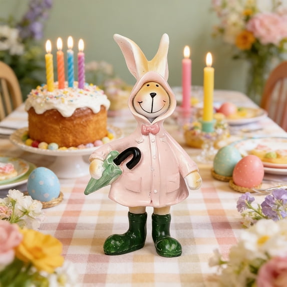Easter Decorations, Smiling Bunny Figurine, Cute Rabbit Statue with Raincoat Tabletop Ornament for Living Room Desk Shelf Spring Home Decoration