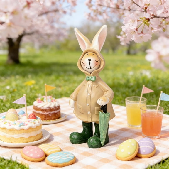 Easter Decorations, Smiling Bunny Figurine, Cute Rabbit Statue with Raincoat Tabletop Ornament for Living Room Desk Shelf Spring Home Decoration