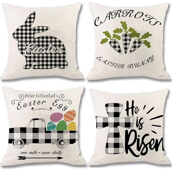 Easter Decorations-Throw Pillow Covers 18x18in Set of 4,Spring Linen Pillow Case with Black and White Buffalo Plaid Bunny and Egg for Large Couch Sofa Home Indoor Outdoor Holiday Home Decor