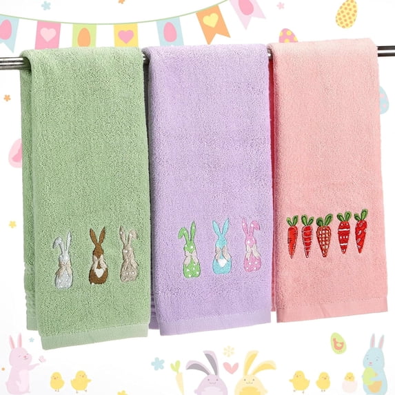 Easter Decorations Towels Set – Festive Bunny and Carrot Print Kitchen and Bathroom Hand Towels, 3-Piece Cotton Towel Set for Spring Holiday Celebrations, Easter Gifts, and Seasonal Home Decor A