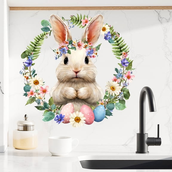 Easter Decorations Wall Decals for Room - 15.7x15.3" Cartoon Bunny Egg Spring Decor Stickers for Bedroom Living Room - Removable Easter Decor for Home D