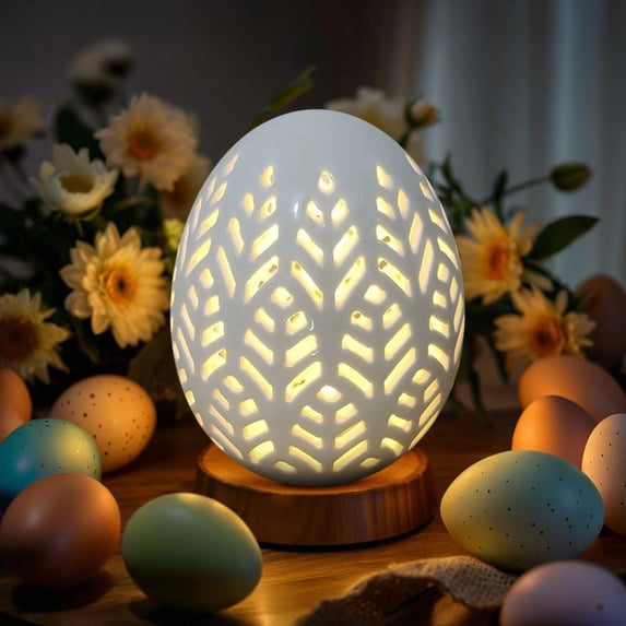 Easter Decorations: White Ceramic Lighted Easter Egg Set of 1, Farmhouse Rustic Hollow Easter Eggs Light Up Tabletop Statue, Easter Home Table Decor, 3.9''