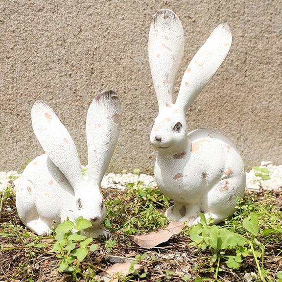 Easter Decorations White & Gold Bunny Decor Rabbit Figurines, Wabi Sabi Easter Bunny Statue Set of 2 for Spring Tabletop Home Decor Farmhouse Shelf Mantel, Pressed Wood Sculpture