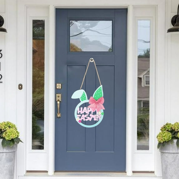 Easter Decorations, Wooden Bunny Eggs Wreaths for Front Door Sign, Happy Easter Wood Wall Signs Hanging Crafts for Home Spring Window Porch Mantel Farmhouse Indoor Party Decor