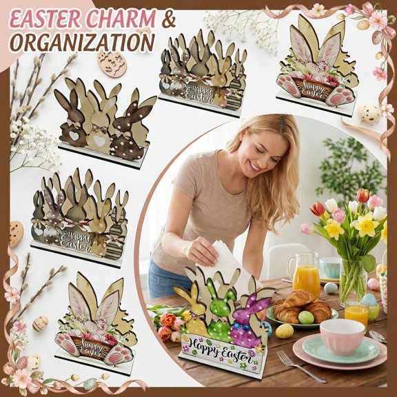 Easter Decorations Wooden Bunny Napkin Holder, Rustic Easter Decor Tabletop Plaque for Dining Table, Spring Holiday Centerpiece, Easter Gifts Home Kitchen Decoration, 1Pcs A