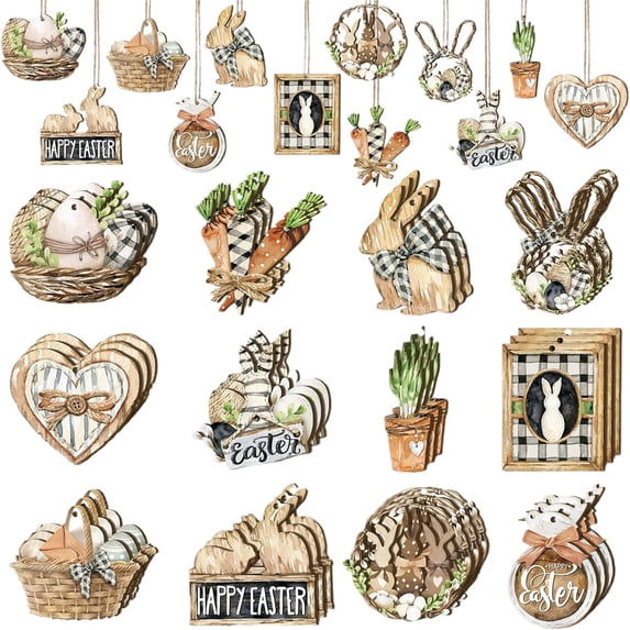 Easter Decorations Wooden Easter Tree Ornaments Hanging Easter Eggs Bunny Spring Ornaments for Tree with Rope for Crafts Holiday Easter Party Favor Supplies Decor