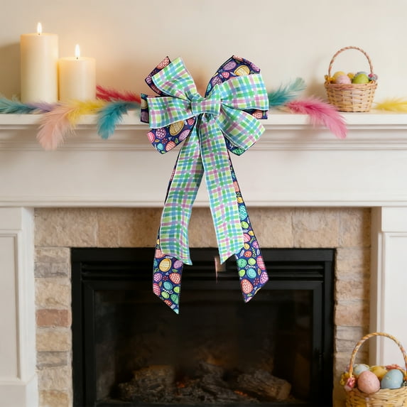Easter Decorative Bow with Bunny Egg Print, Colorful Polyester Ribbon Bow for Holiday Wreath and Gift Box, Festive Home Decor Accessory(B)