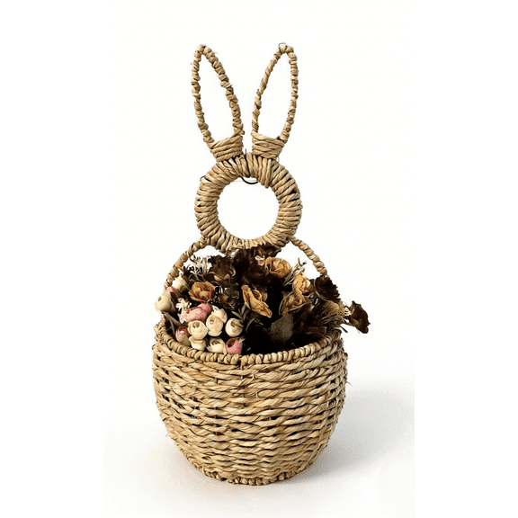 Easter Decorative Bunny Hanging Woven Basket, 23.62x11.81" Open-Style Rattan Door Decor for Floral Bouquets, Holiday Treats & Indoor/Outdoor Spring Decoration