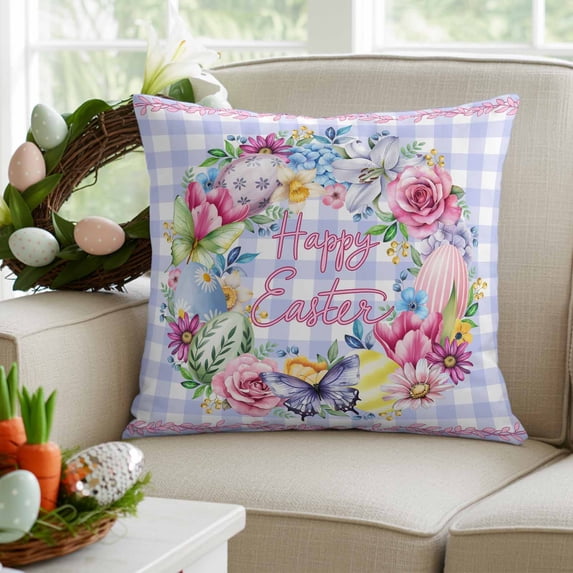 Easter Decorative Throw Pillow Covers 16x16 Inch Set of 2 Happy Easter Eggs Home Decor Pillow Cases for Couch, Flower Wreath Purple Plaid Cushion Case for Living Room Bedroom Bed Car Chair