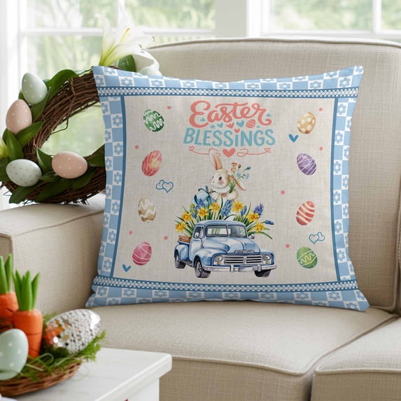 Easter Decorative Throw Pillow Covers 18x18 Inch Set of 2 Truck Easter Eggs Home Decor Pillow Cases for Couch, Colorful Egg Floral Blue Plaid Cushion Case for Living Room Bedroom Bed Car Chair