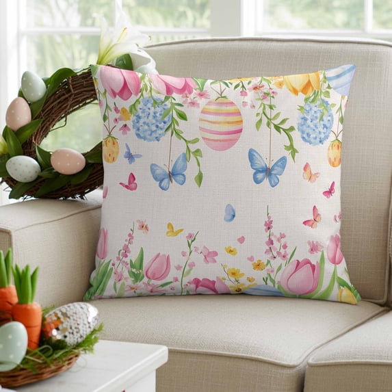 Easter Decorative Throw Pillow Covers 20x20 Inch Set of 2 Easter Eggs Home Decor Pillow Cases for Couch, Pink Tulip Butterfly Cushion Case for Living Room Bedroom Bed Car Chair