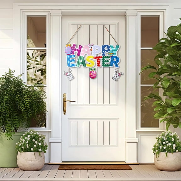 Easter Decorative Wooden Door Hanger Sign, Large Easter Hanging Decoration with Colorful Eggs and Rabbits Print for Front Door, Farmhouse Spring Holiday Decor
