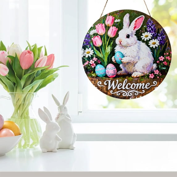 Easter Decorative Wooden Door Hanger Sign, Large Round Hanging Decoration with Colorful Eggs and Bunny Print for Front Door, Farmhouse Spring Holiday Decor
