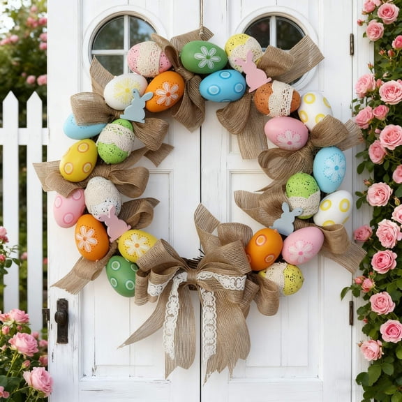 Easter Decorative Wreath With Eggs Bunnies and Burlap Bows, Rustic Wall Garland for Front Door Mantel Table Display, Elegant Long-Lasting Spring Holiday Decor for Farmhouse Home Party Celebration