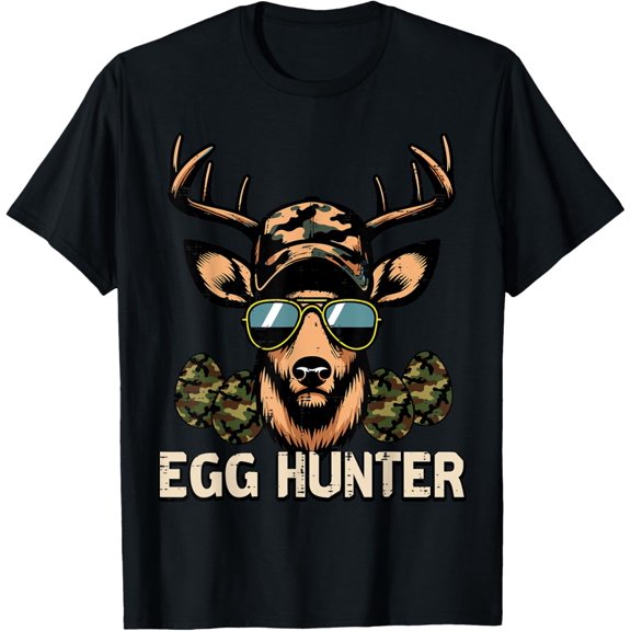 Easter Deer Camo Cap Egg Hunter Hunting Men Boys Kids Youth T-Shirt- Classic Cotton Crew Neck T-Shirt 2026 Trendy Easter Bunny Egg Graphic Tee Heavyweight Casual Top for Adults