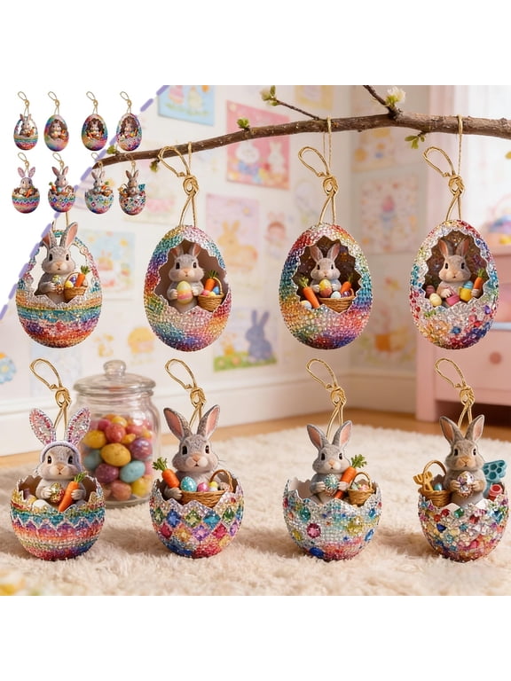 Easter Diamond Art Kits for Adults, Diamond Art Easter, Easter Crafts for Adults, 8pcs Cute Bunny Egg 2D Flat Ornament Keychain Pendant for Car Backpack Easter Decoration