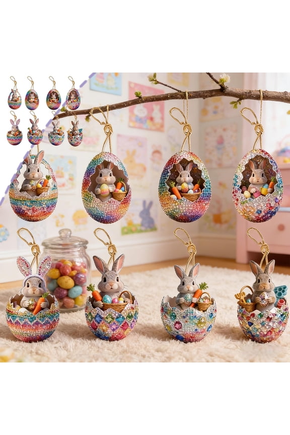 Easter Diamond Art Kits for Adults, Diamond Art Easter, Easter Crafts for Adults, 8pcs Cute Bunny Egg 2D Flat Ornament Keychain Pendant for Car Backpack Easter Decoration
