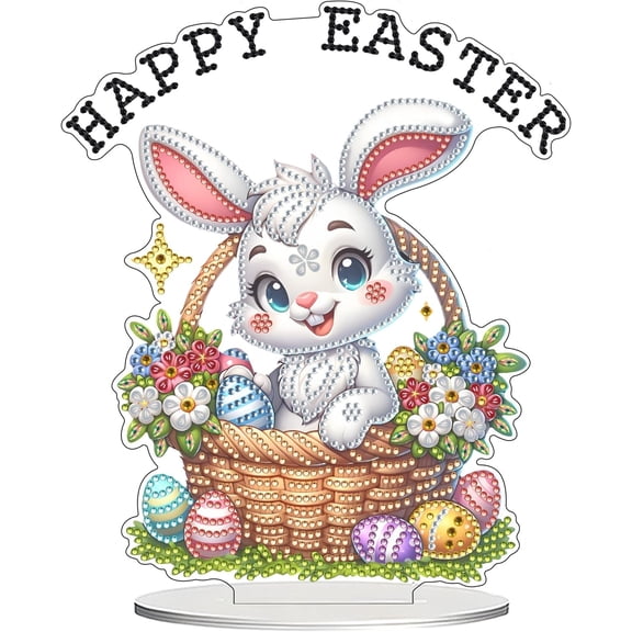 Easter Diamond Art Tabletop Kit for Adults, 2D Easter Bunny Eggs Diamond Art Painting Tabletop Ornaments DIY Desktop Diamond Art Painting with Stand, Plastic Stand Up Gem Painting Board Kit