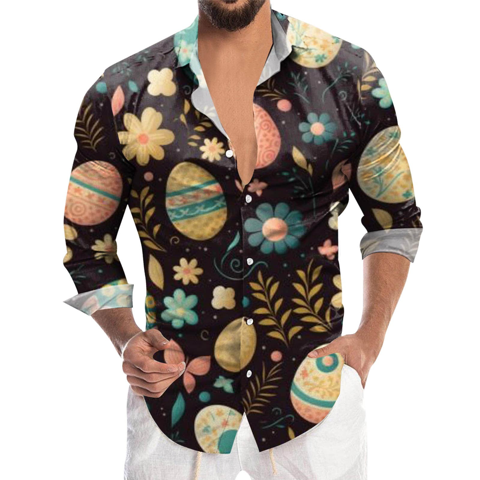 Easter Digital 3D Printed Long Sleeve Lapel Button Down Shirt for Men ...