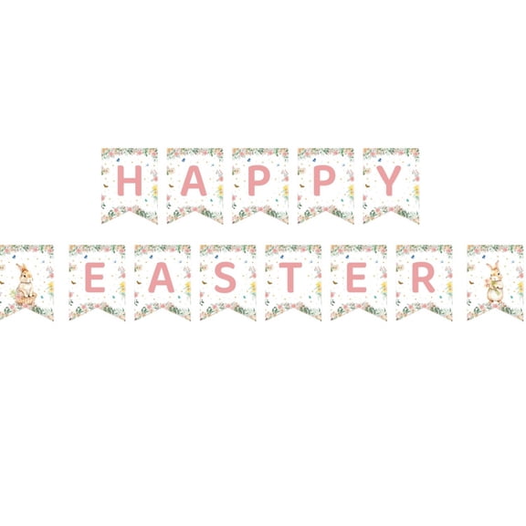Easter Dinner Table Decor Easter Bunny Disposable Tableware Set Spring Floral Party Supplies with Happy Easter Banner Tablecloth Plates Cups Napkins (Rabbit Pulling Flag) 1Pcs