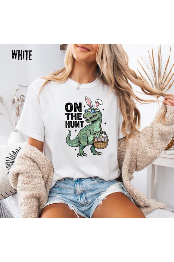Easter Dinosaur Egg Hunt Shirt, T-Rex Bunny Ears Carrying Easter Basket Graphic Tee, Spring Holiday, Unisex Cotton T-Shirt, Size S-5XL